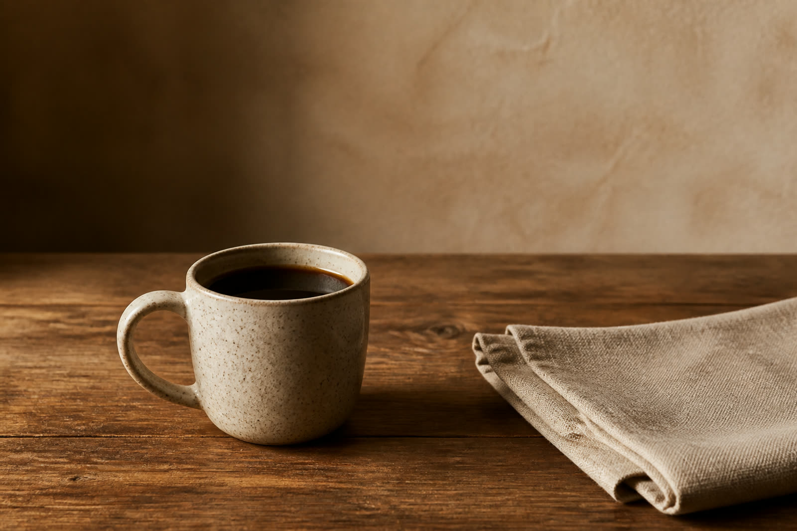A ceramic mug of coffee on a sunlit wooden table